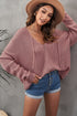 Zipper V-Neck Dropped Sleeve Hooded Solid Sweater